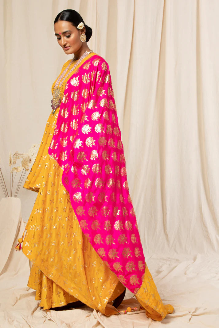 Yellow Triangular Flower Sharara Set
