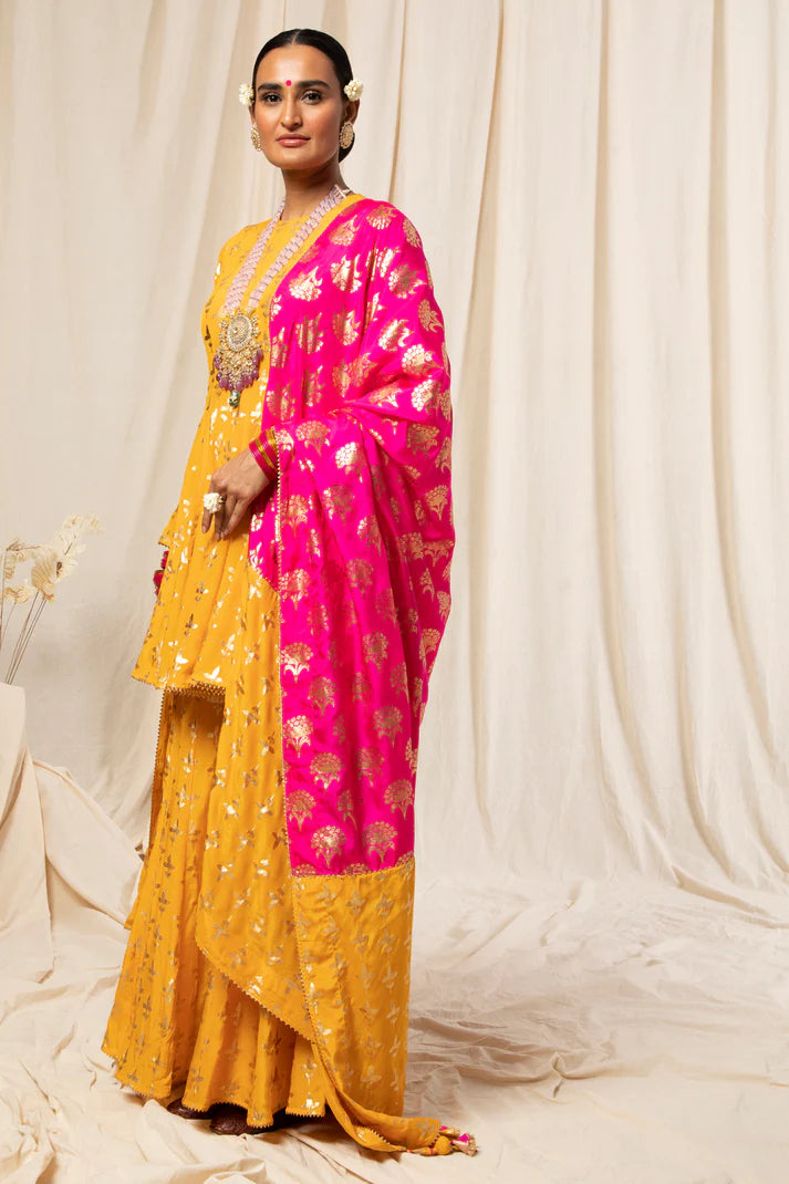 Yellow Triangular Flower Sharara Set