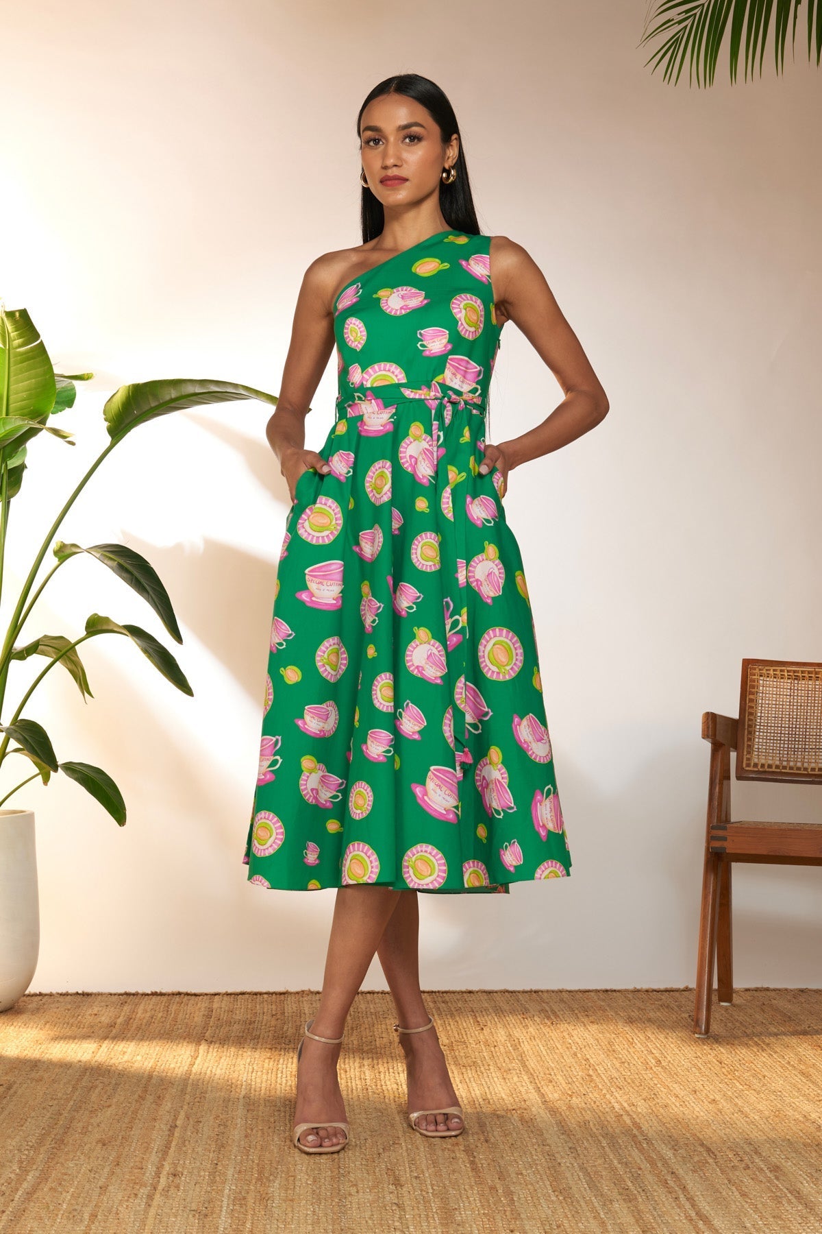 Green & Pink Special Cutting One Shoulder Dress
