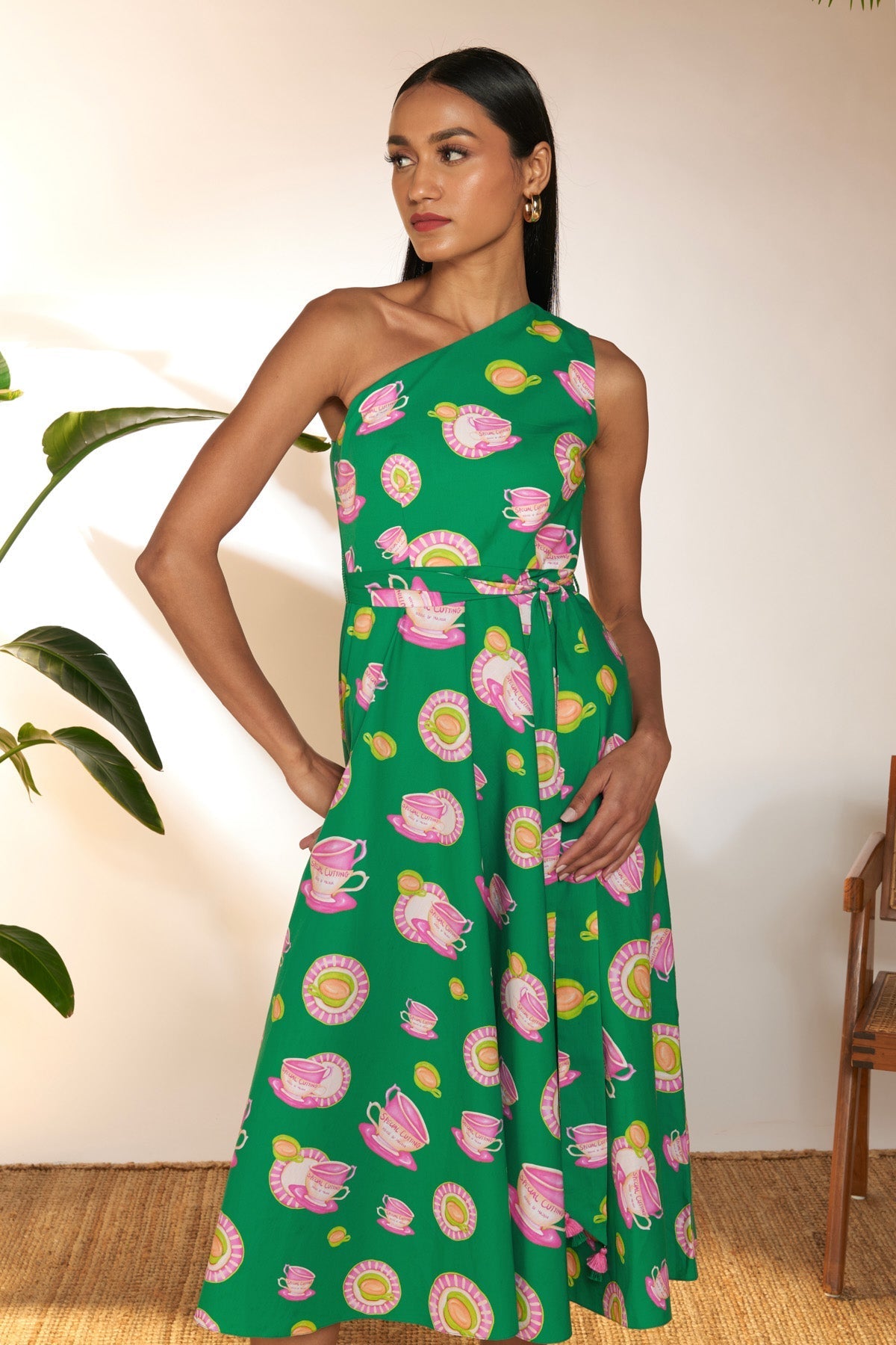 Green & Pink Special Cutting One Shoulder Dress