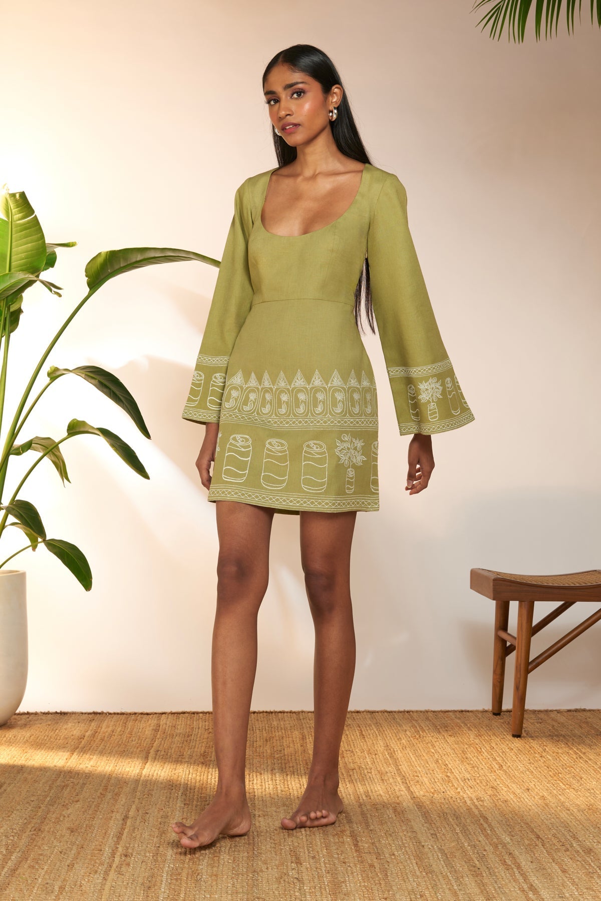 Olive Green Cans Embroidered Mini Dress