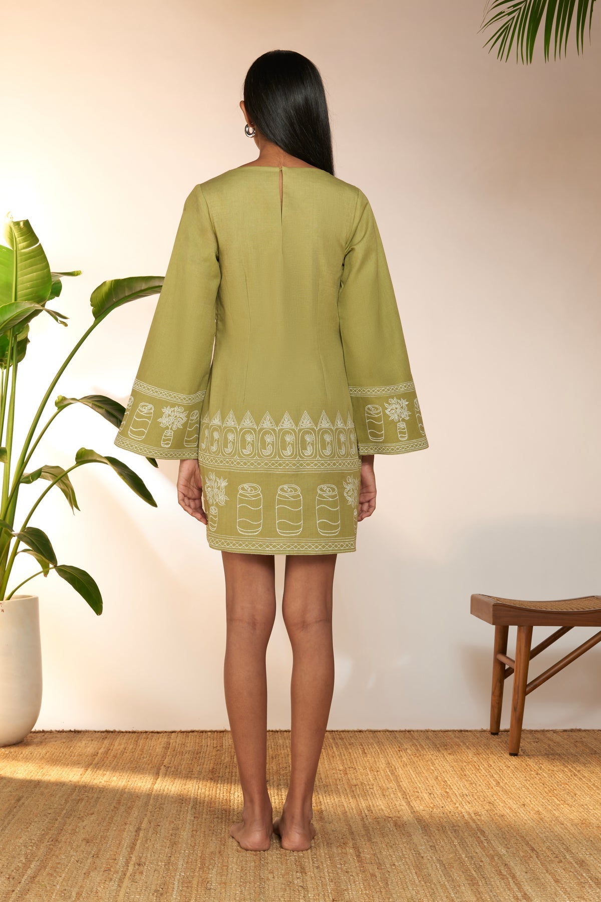 Olive Green Cans Embroidered Mini Dress