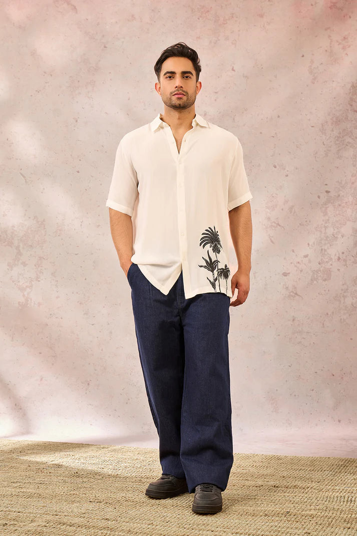 WHITE PALM TREE PRINT SHIRT