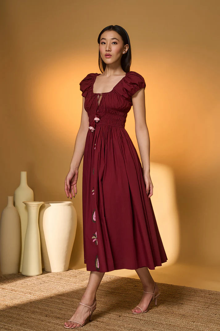 Maroon Smocked Midi Dress