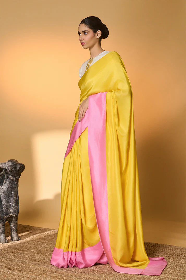 Yellow & Pink Blocked Saree