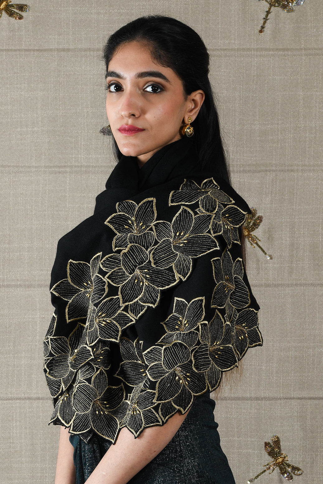 Midnight Bloom | Embroidered Wool Silk Stole