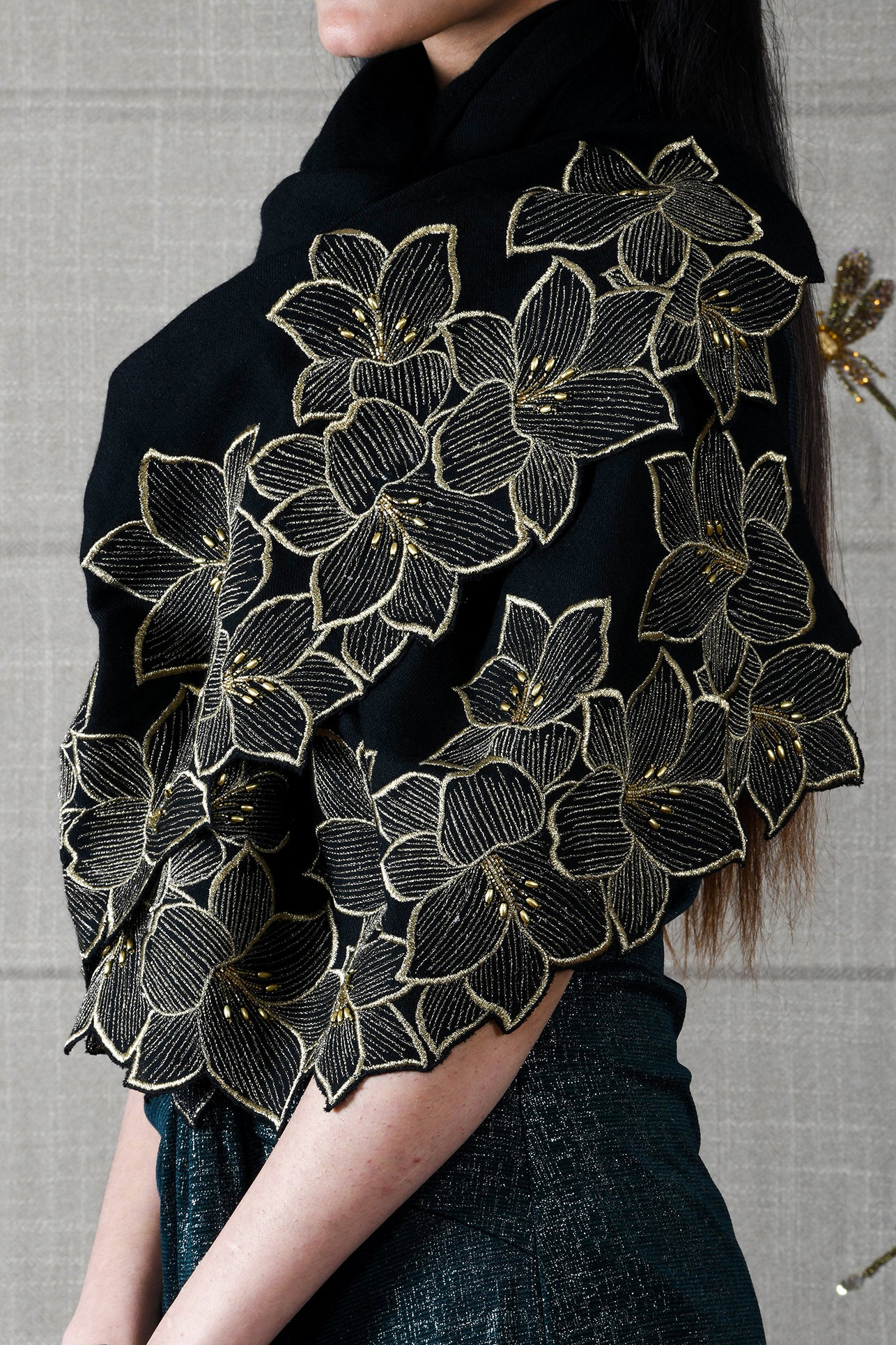 Midnight Bloom | Embroidered Wool Silk Stole