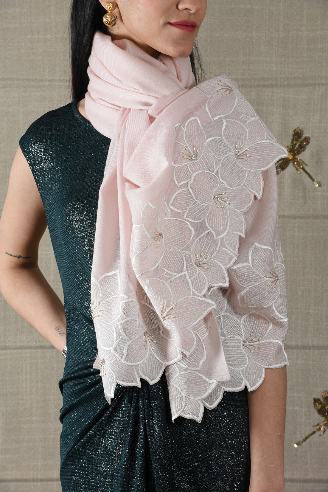 Midnight Bloom | Embroidered Wool Silk Stole