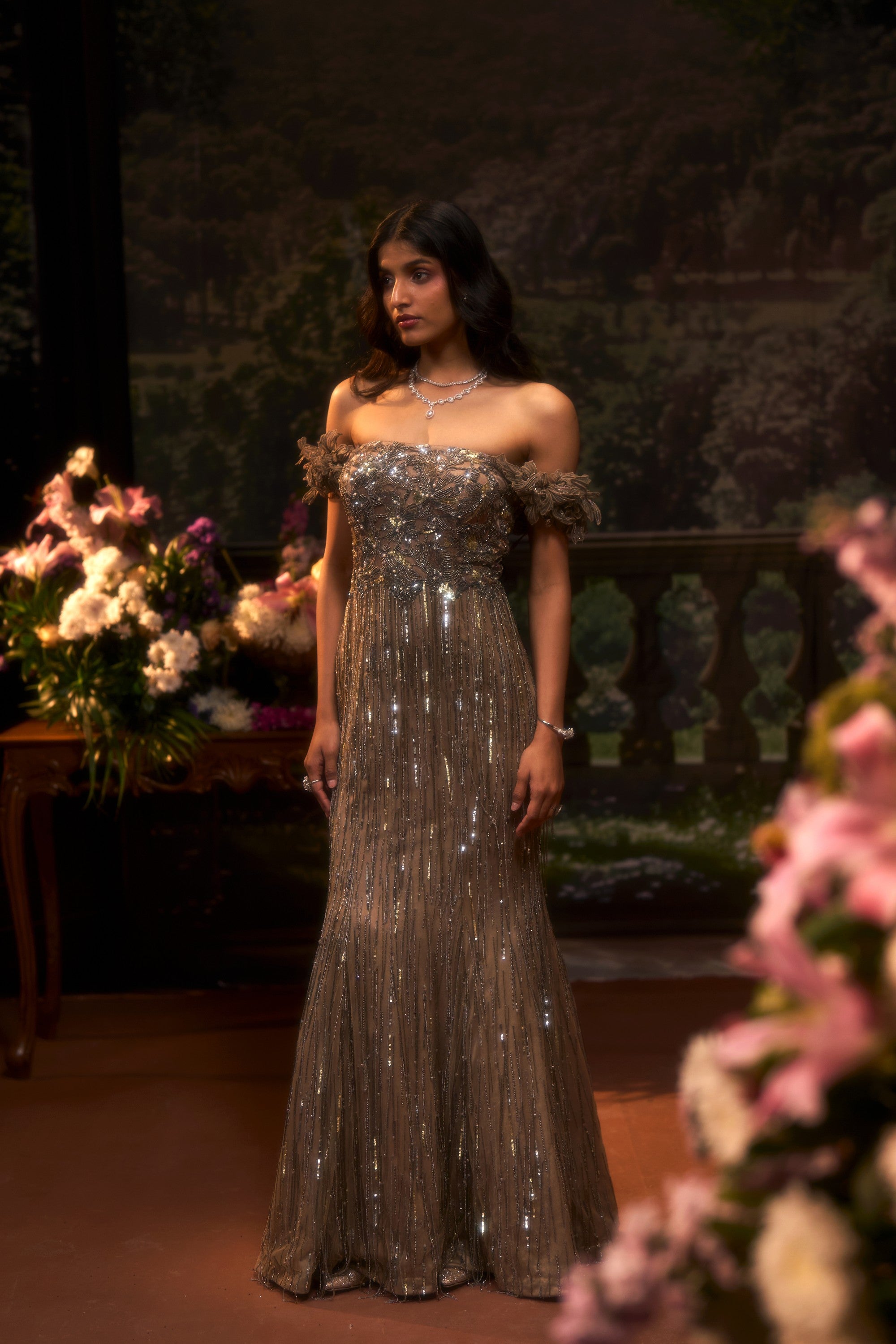 ZEBA Off-Shoulder Flare Gown