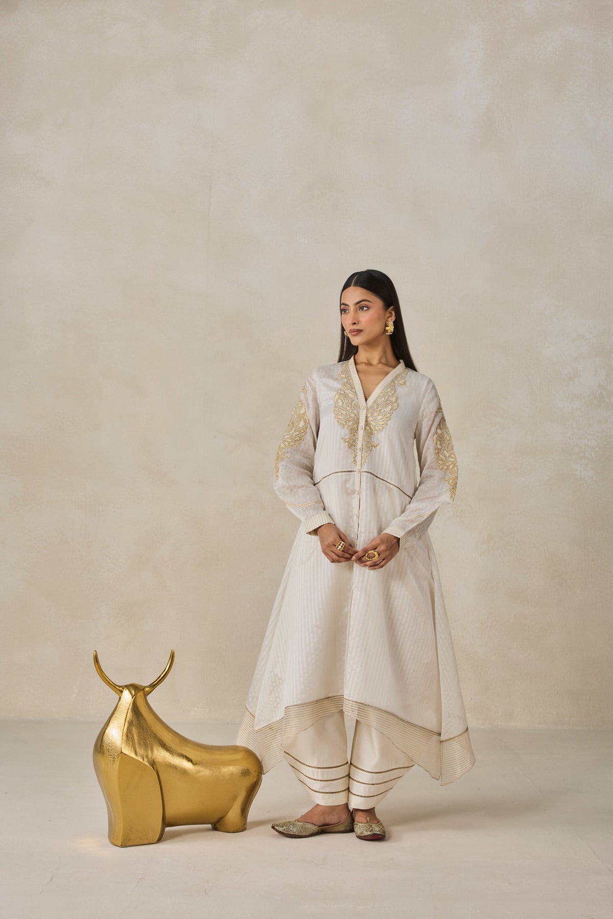 Chanderi Front Open Assymetrical Kurta With Pant