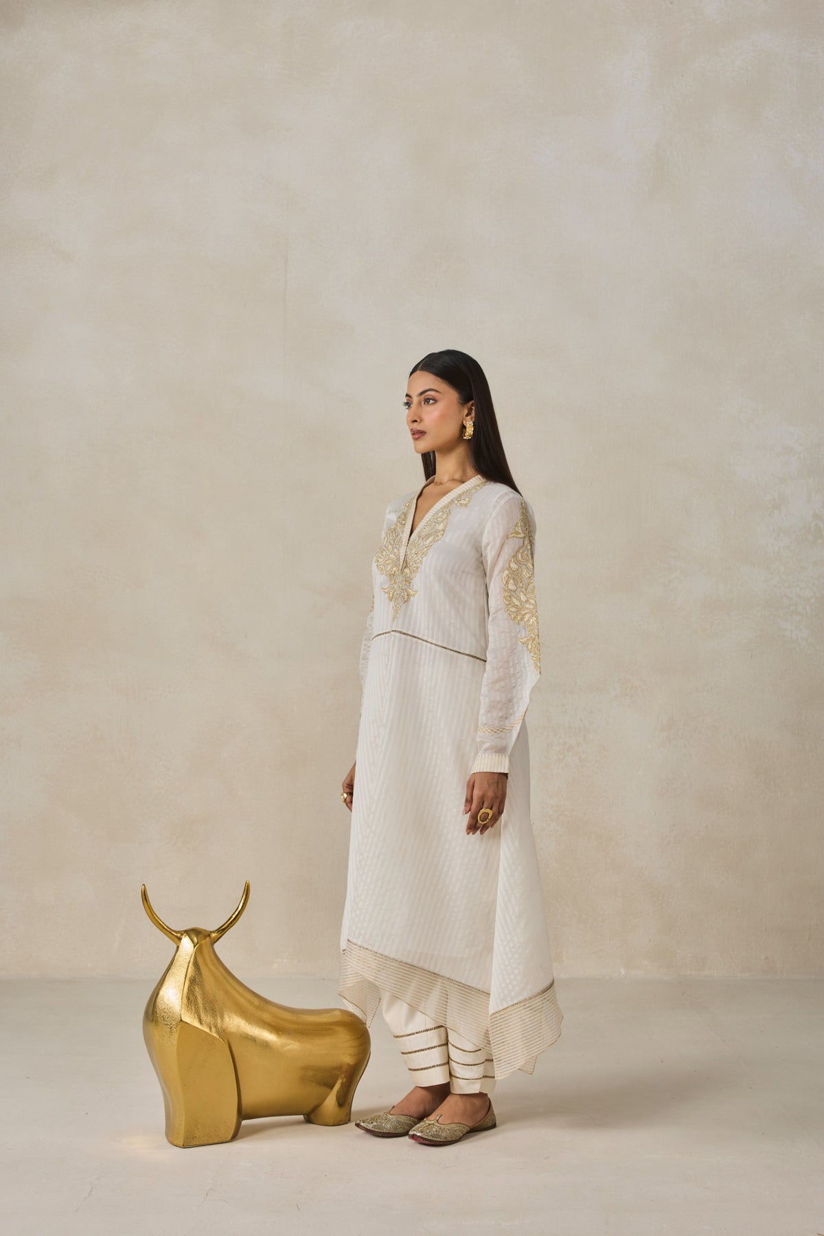 Chanderi Front Open Assymetrical Kurta With Pant