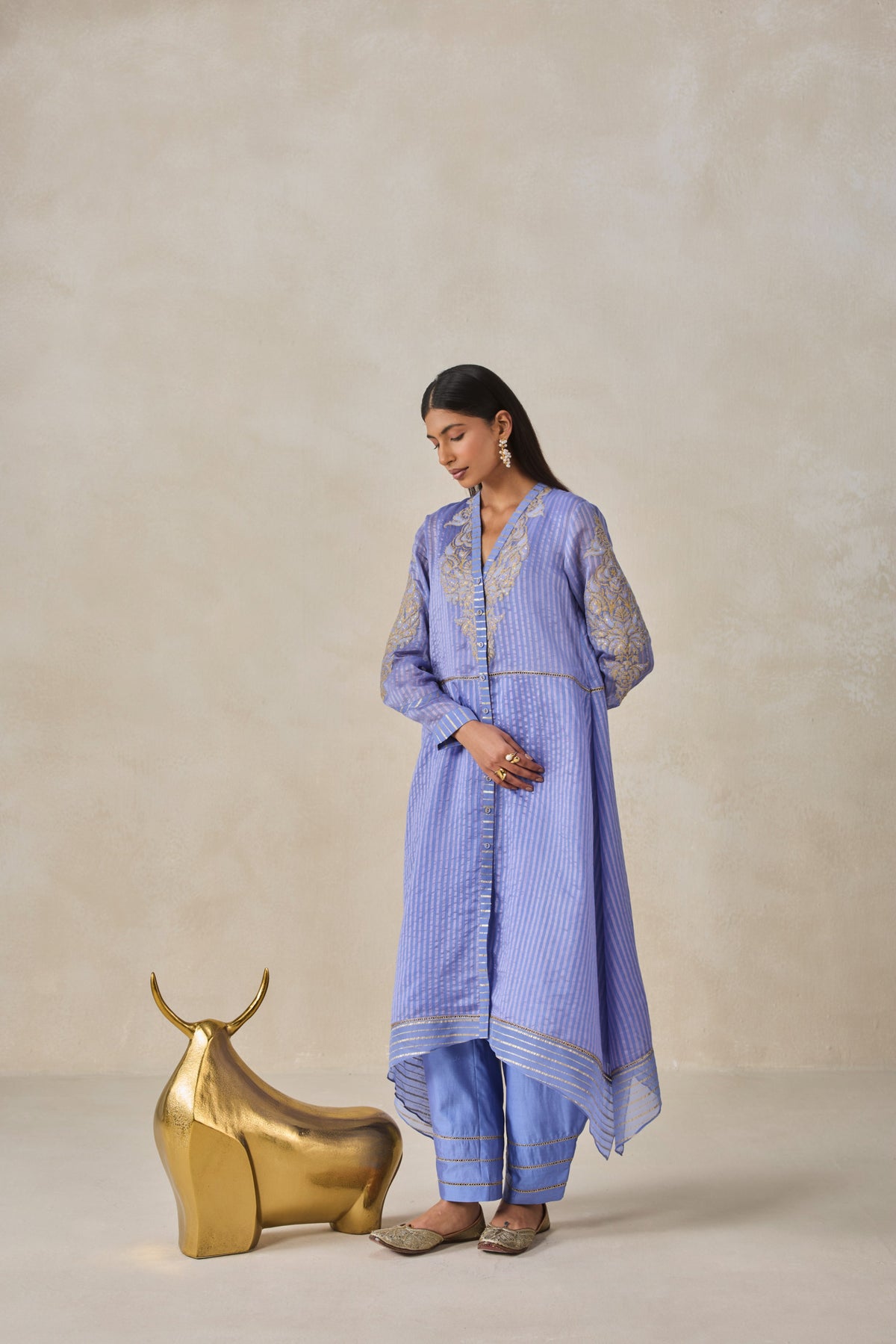 Chanderi Front Open Assymetrical Kurta With Pant