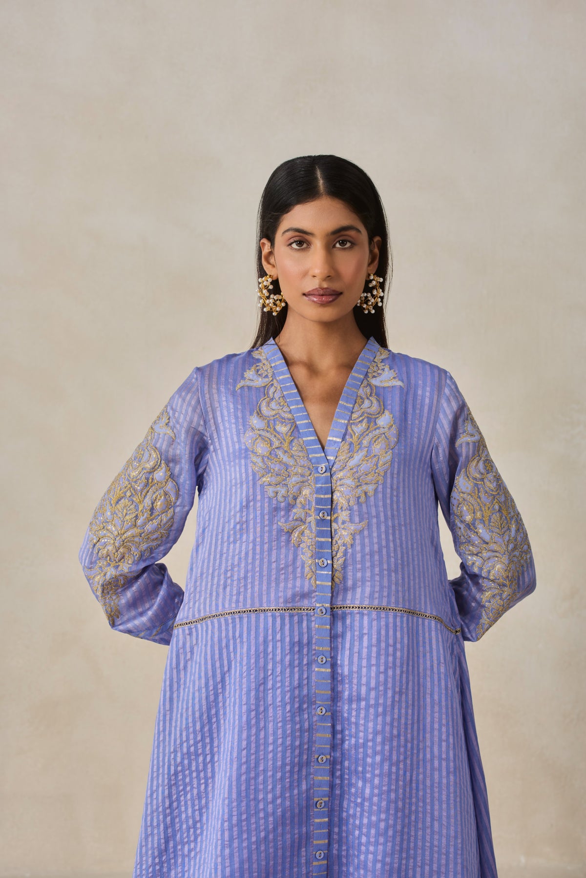 Chanderi Front Open Assymetrical Kurta With Pant
