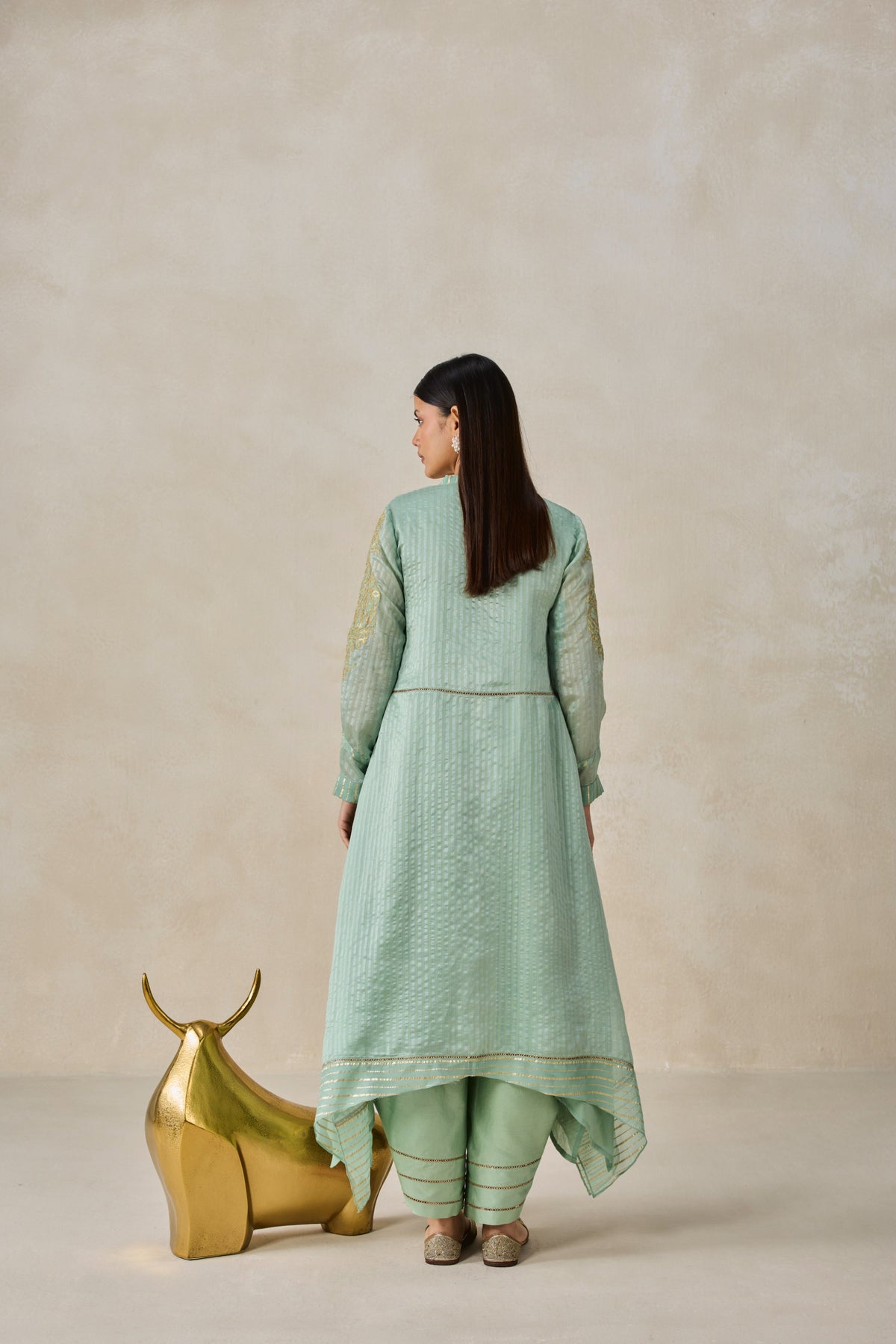 Chanderi Front Open Assymetrical Kurta With Pant