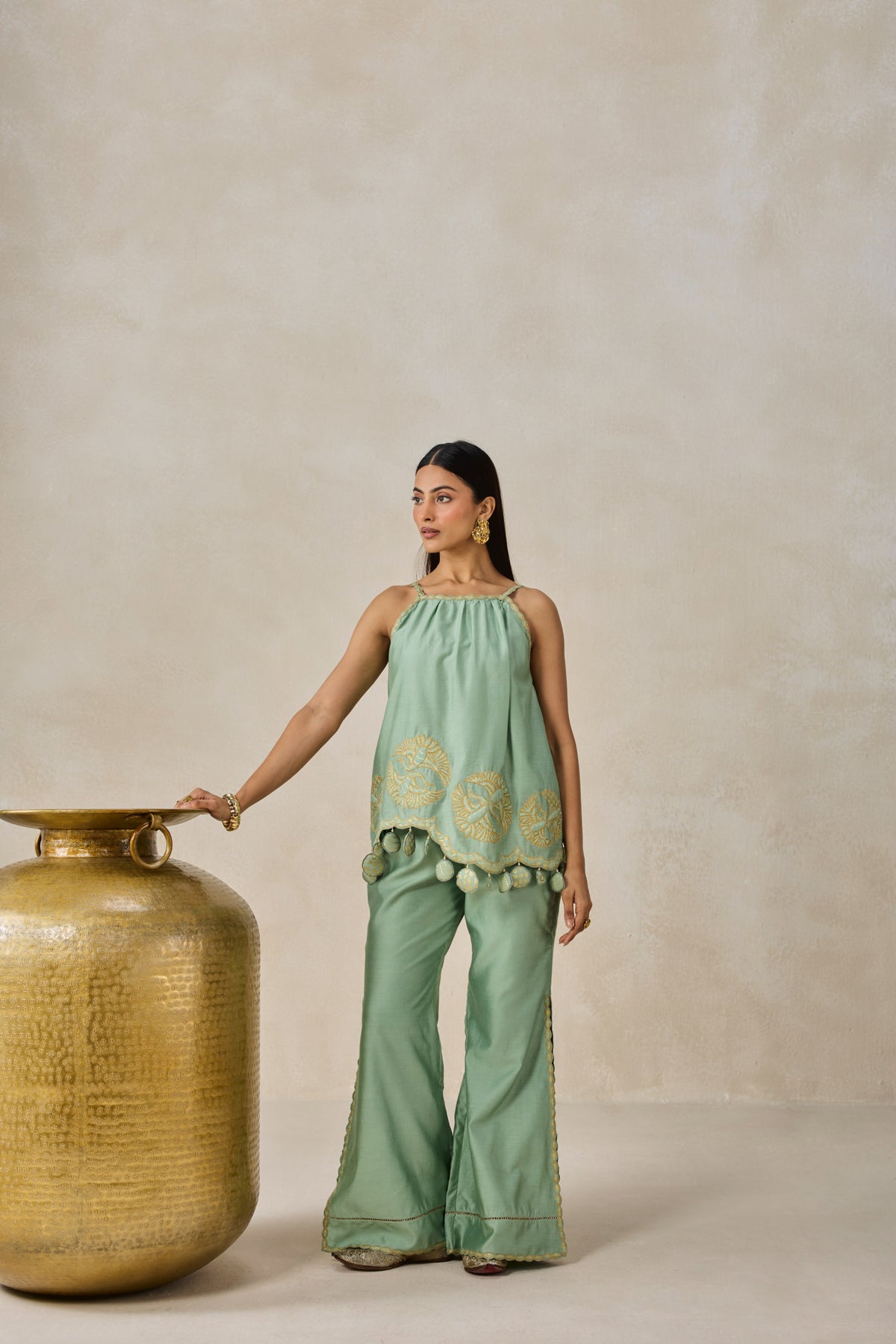 Chanderi Applique Embroidery Strappy Short Top And Palazo Set