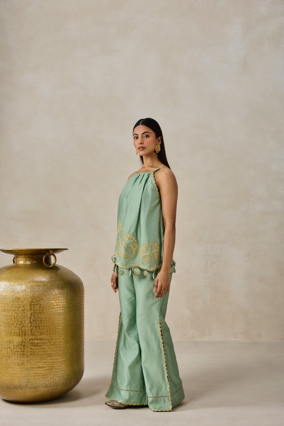 Chanderi Applique Embroidery Strappy Short Top And Palazo Set