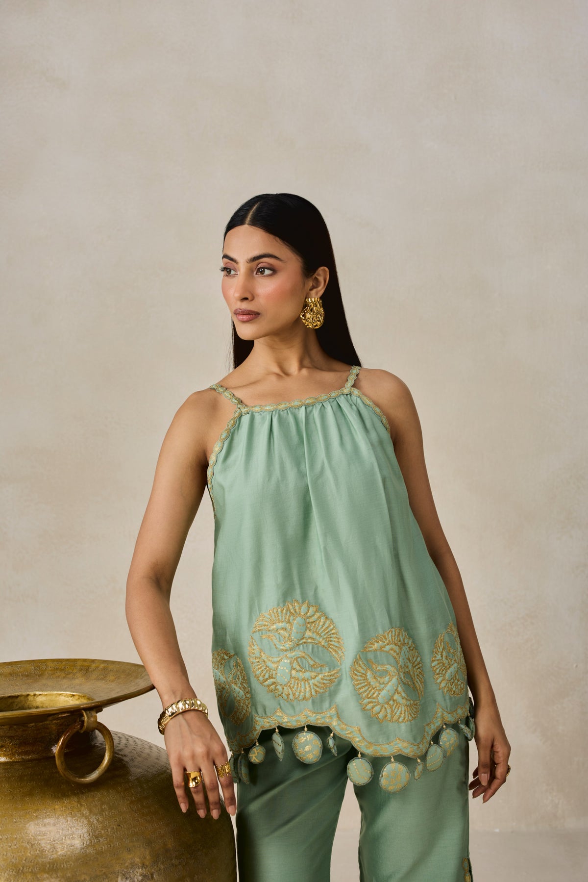 Chanderi Applique Embroidery Strappy Short Top And Palazo Set
