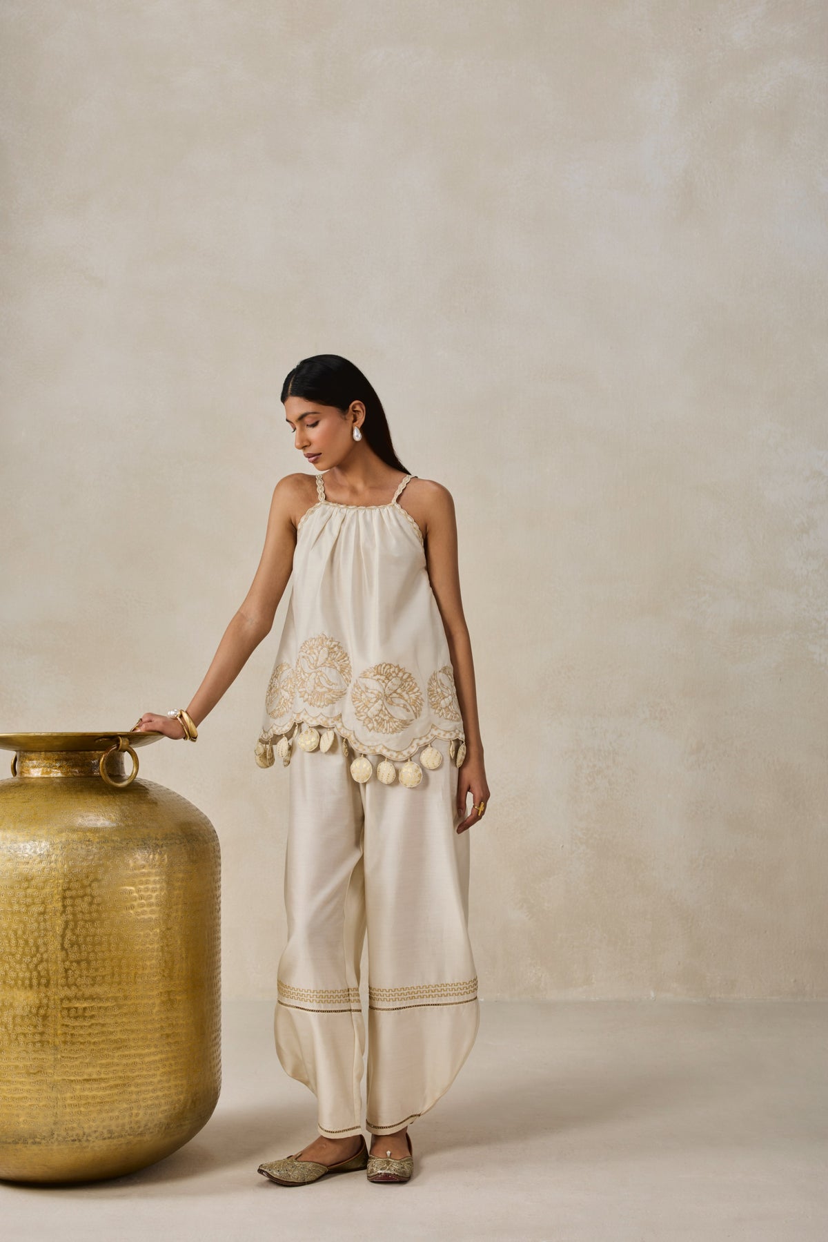 Chanderi Applique Embroidery Strappy Short Top And Palazo Set