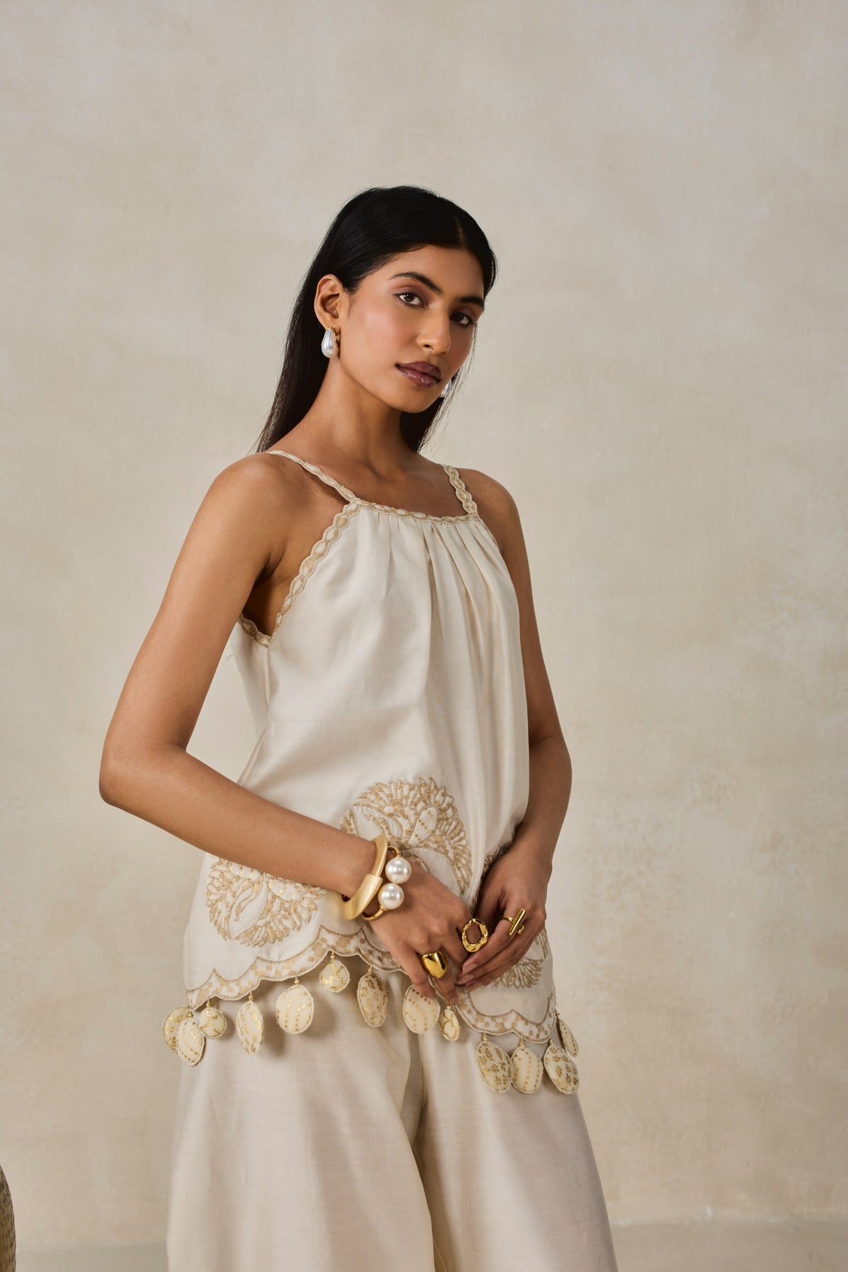Chanderi Applique Embroidery Strappy Short Top And Palazo Set