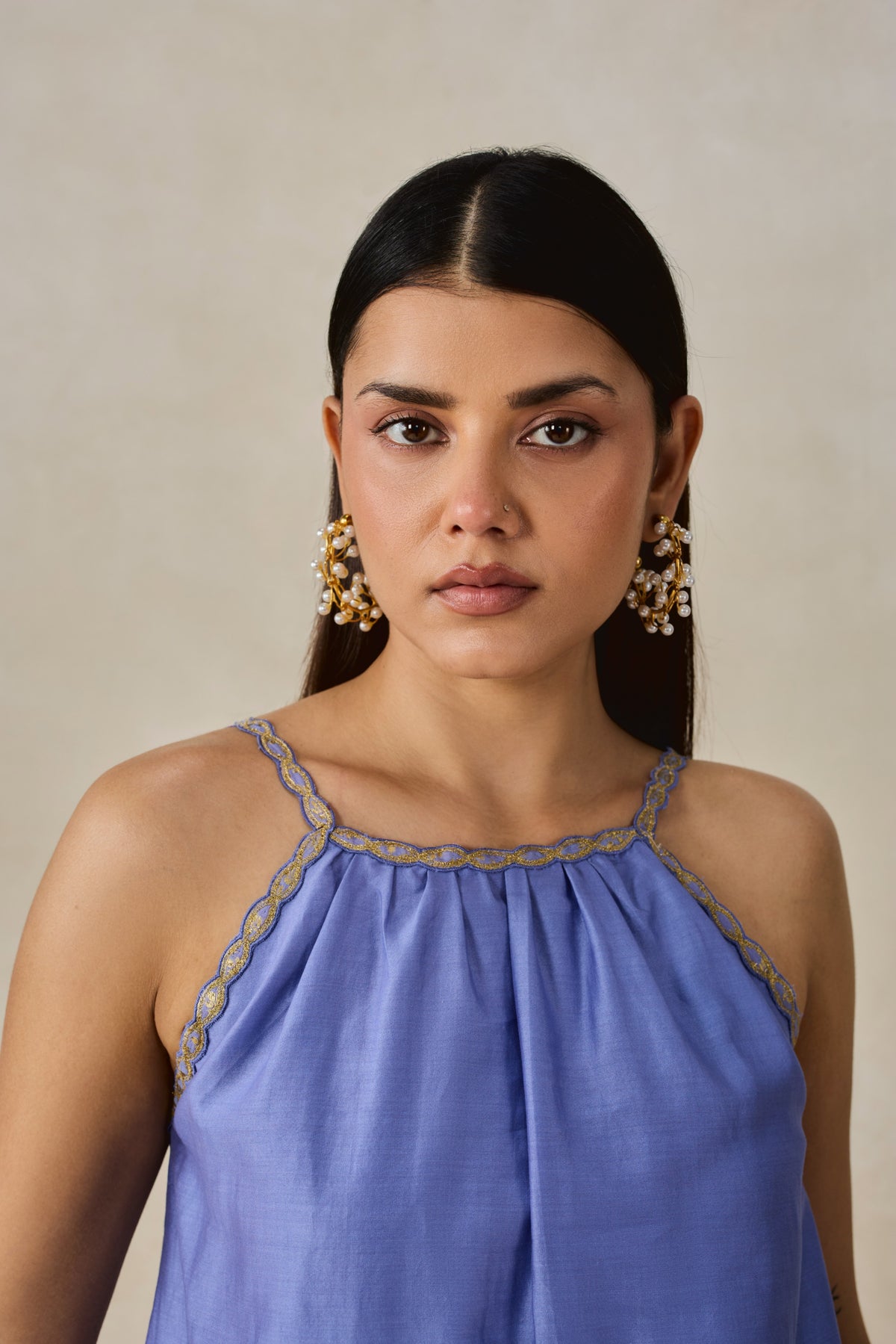 Chanderi Applique Embroidery Strappy Short Top And Palazo Set