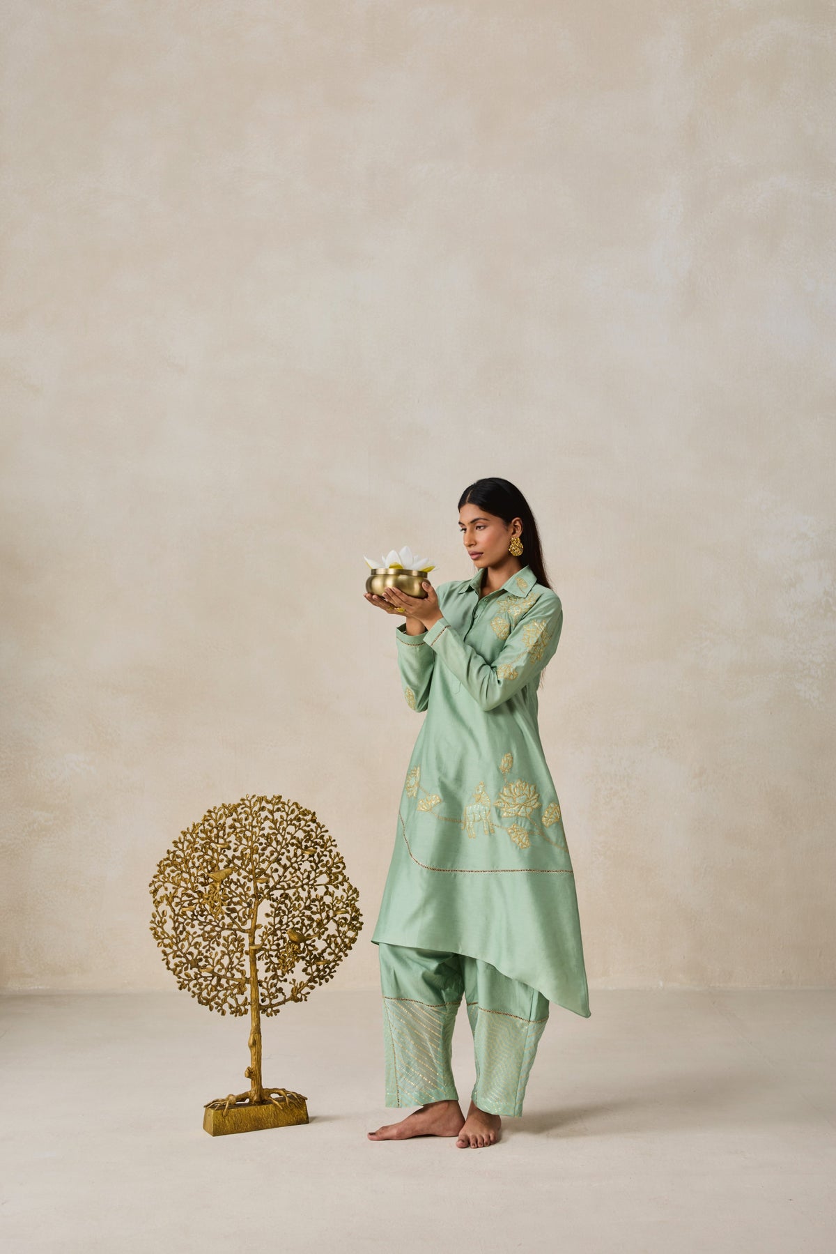 Chanderi Assymmetrical Kurta With Pant Set