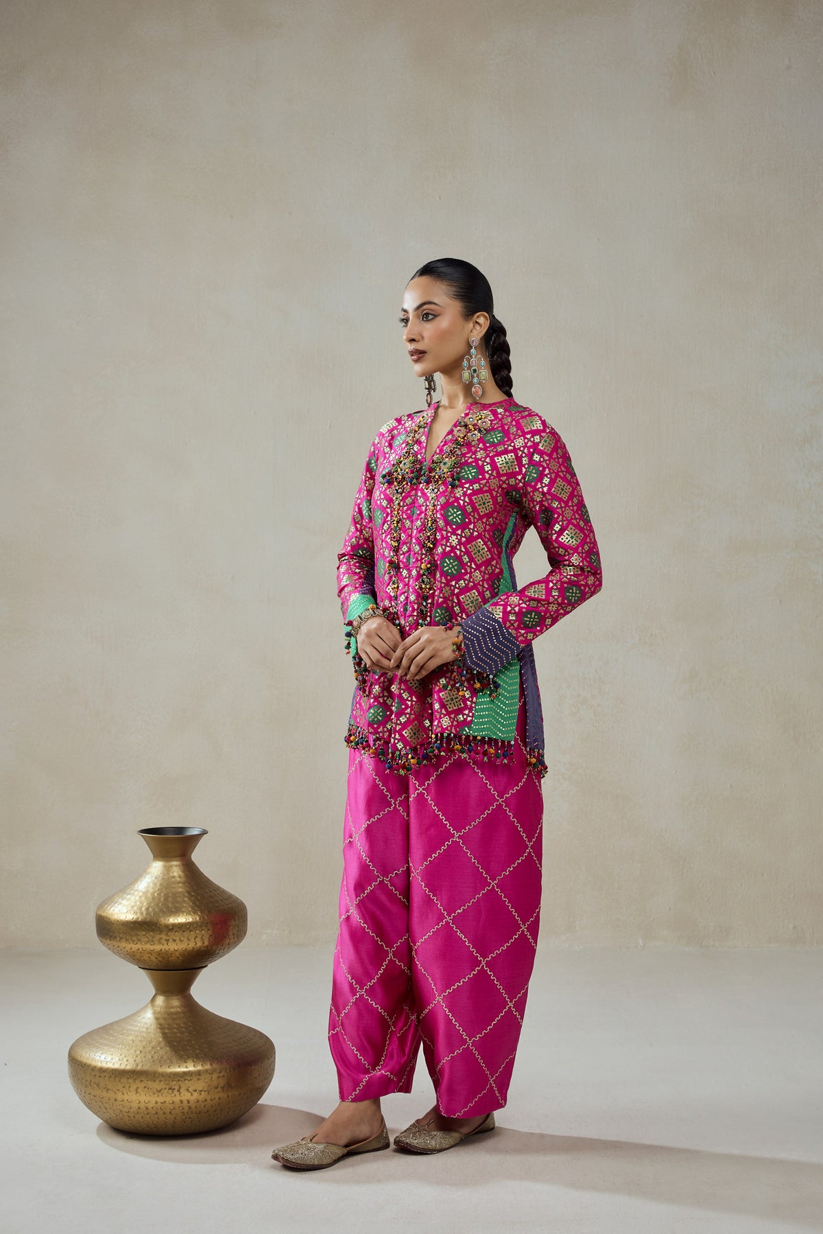 Fuchsia Patola Silk Short Jacket Worked Salwar