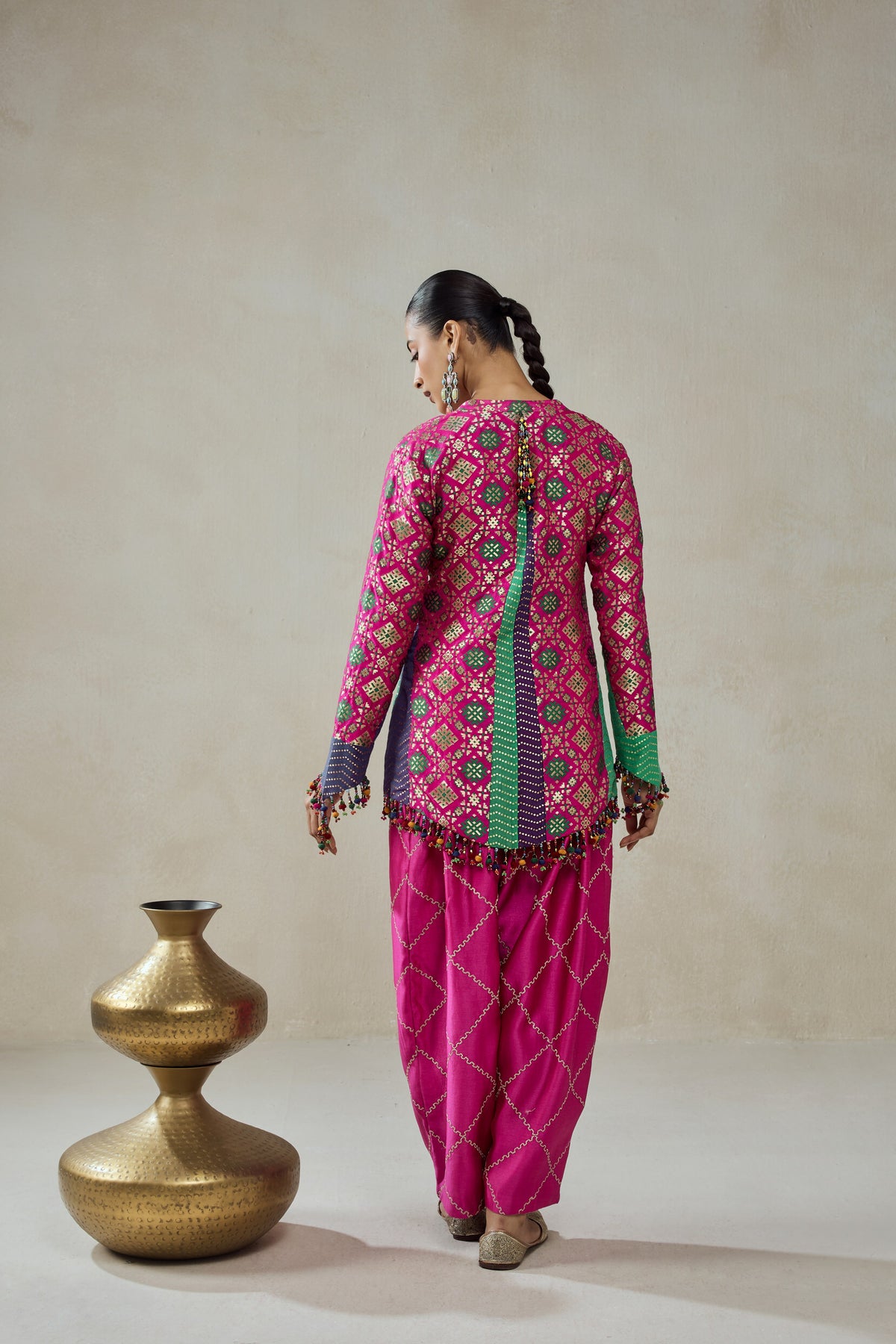 Fuchsia Patola Silk Short Jacket Worked Salwar