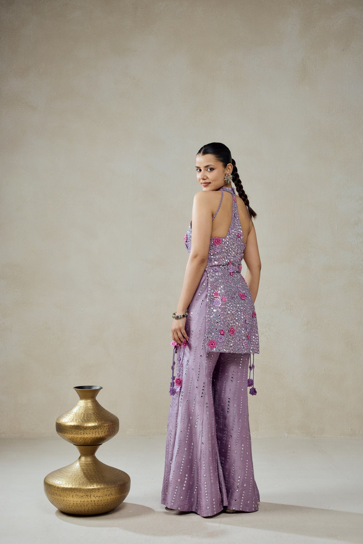Mauve Sharara Trouser Halter Neck Kurta Set