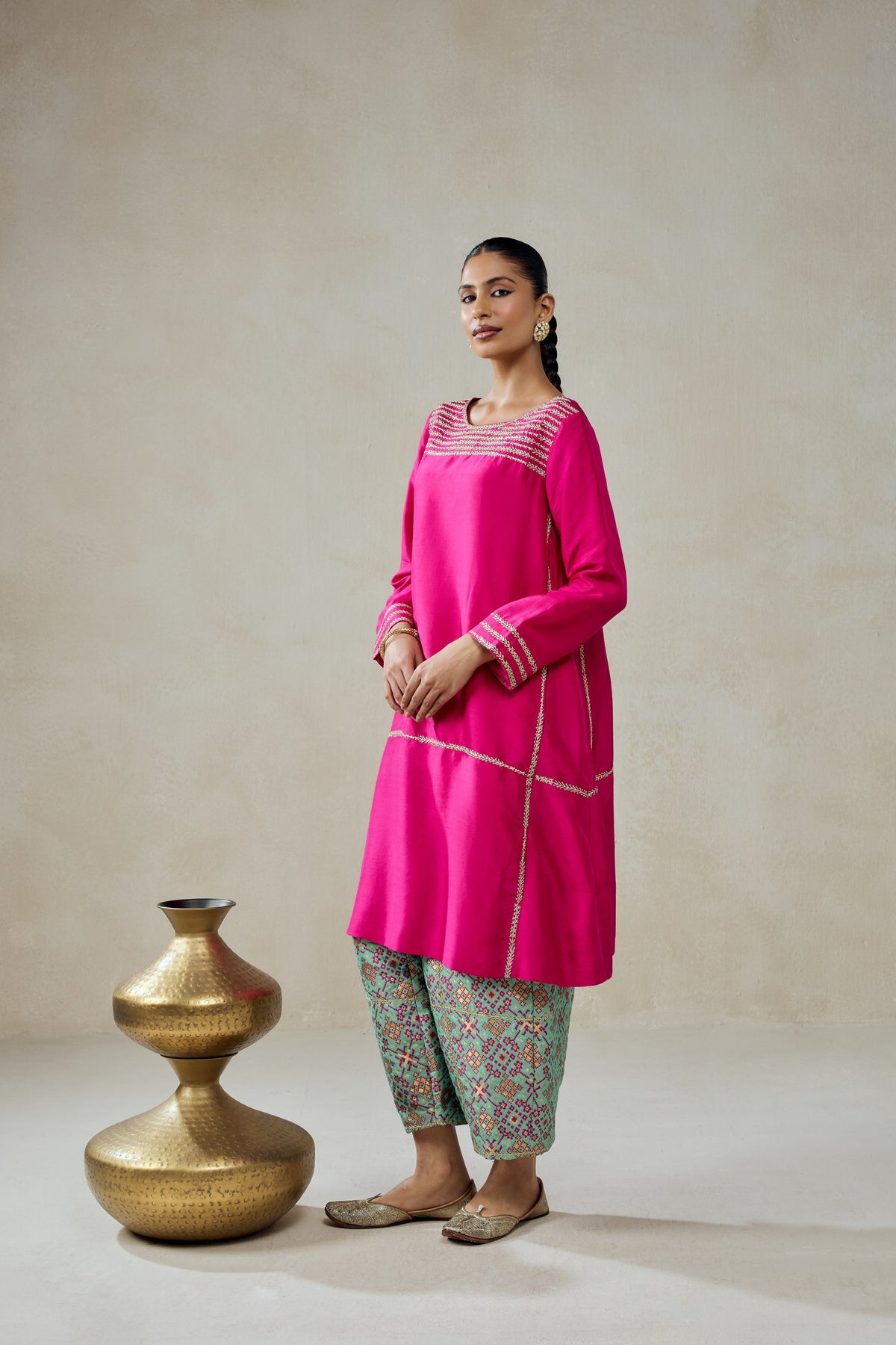 Fuchsia Embroidered Kurta With Aqua Patola Silk Salwar Set