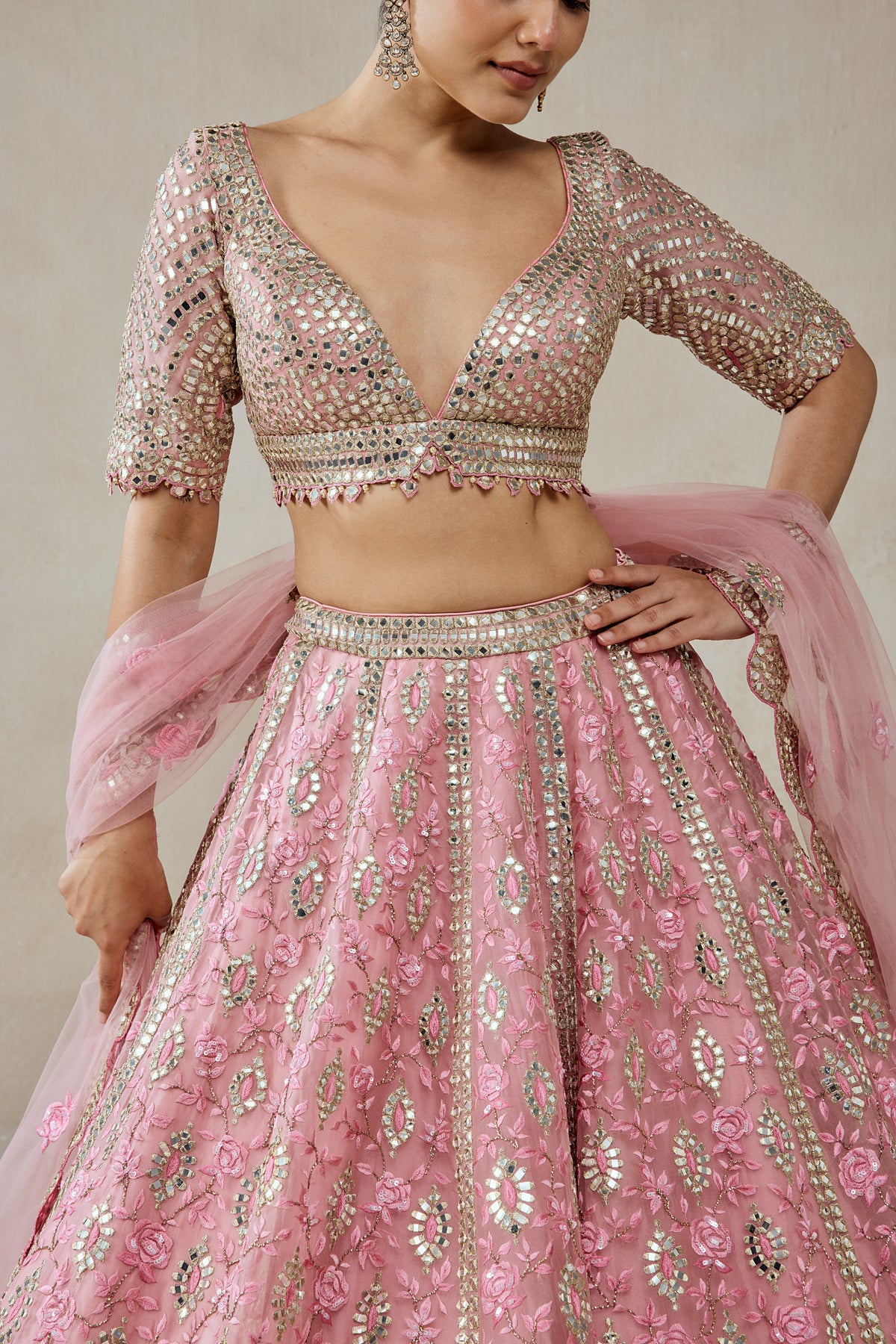 Pink Organza Mirror Work With Multiresham Lehenga Set