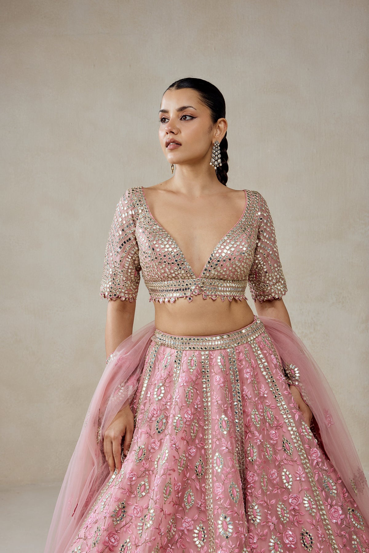 Pink Organza Mirror Work With Multiresham Lehenga Set