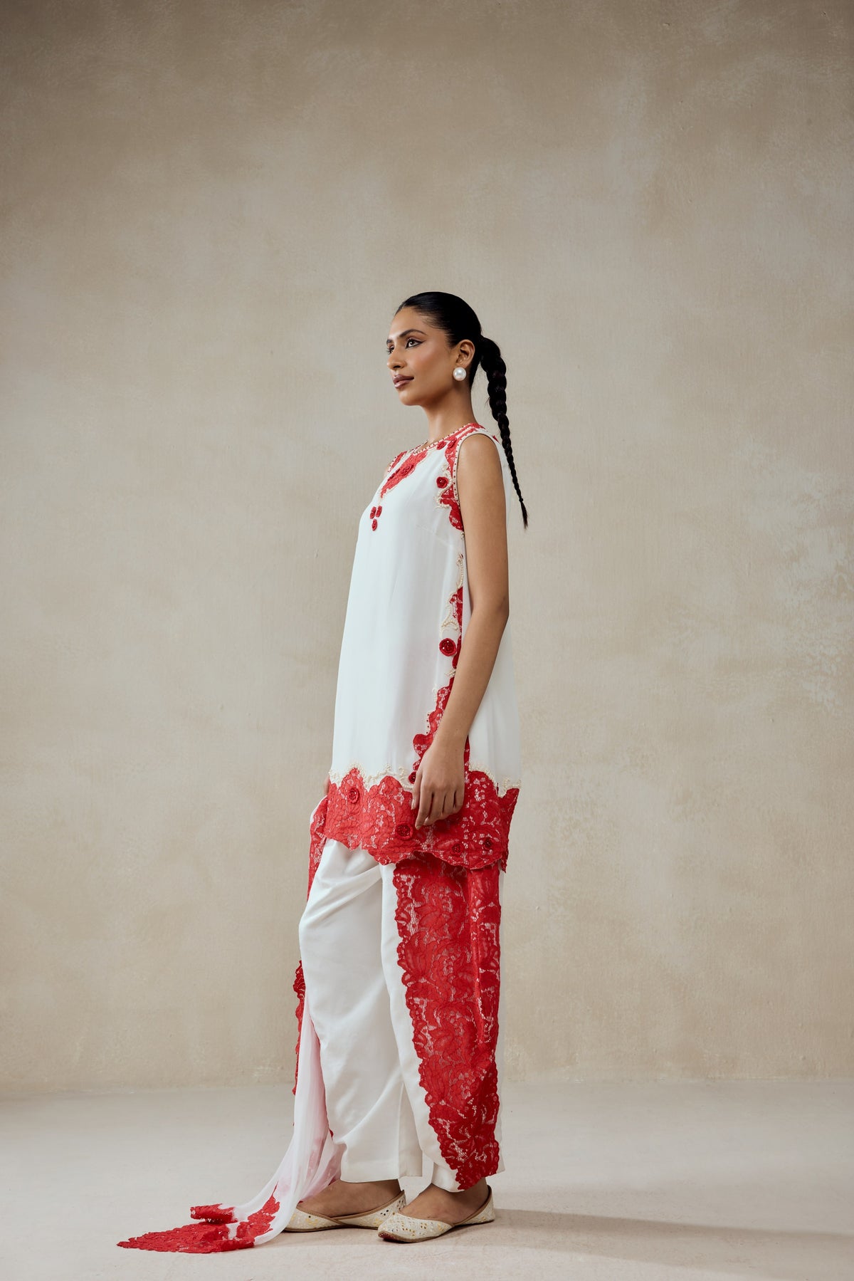 White Georgette With Red Lace Applique Suit Set