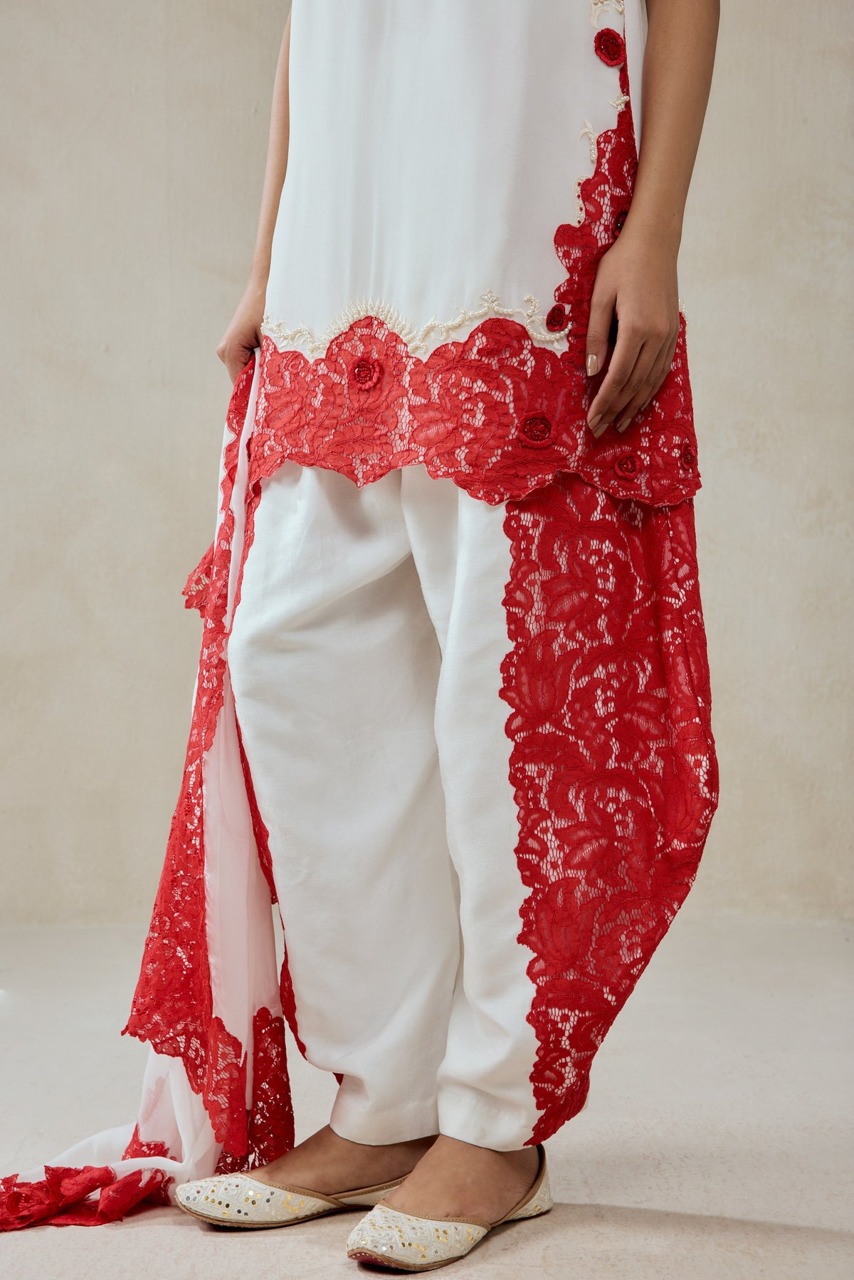 White Georgette With Red Lace Applique Suit Set
