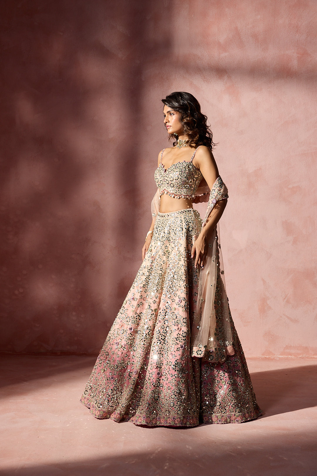 ROSE PINK OMBRE MIRROR WORK LEHENGA SET