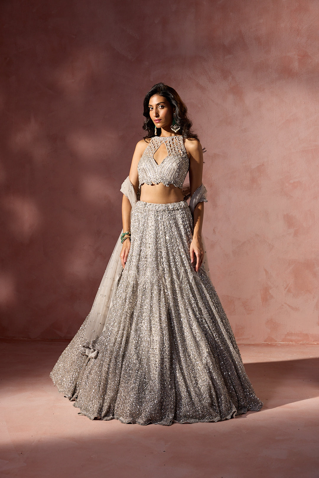 SILVER GREY NET LEHENGA SET