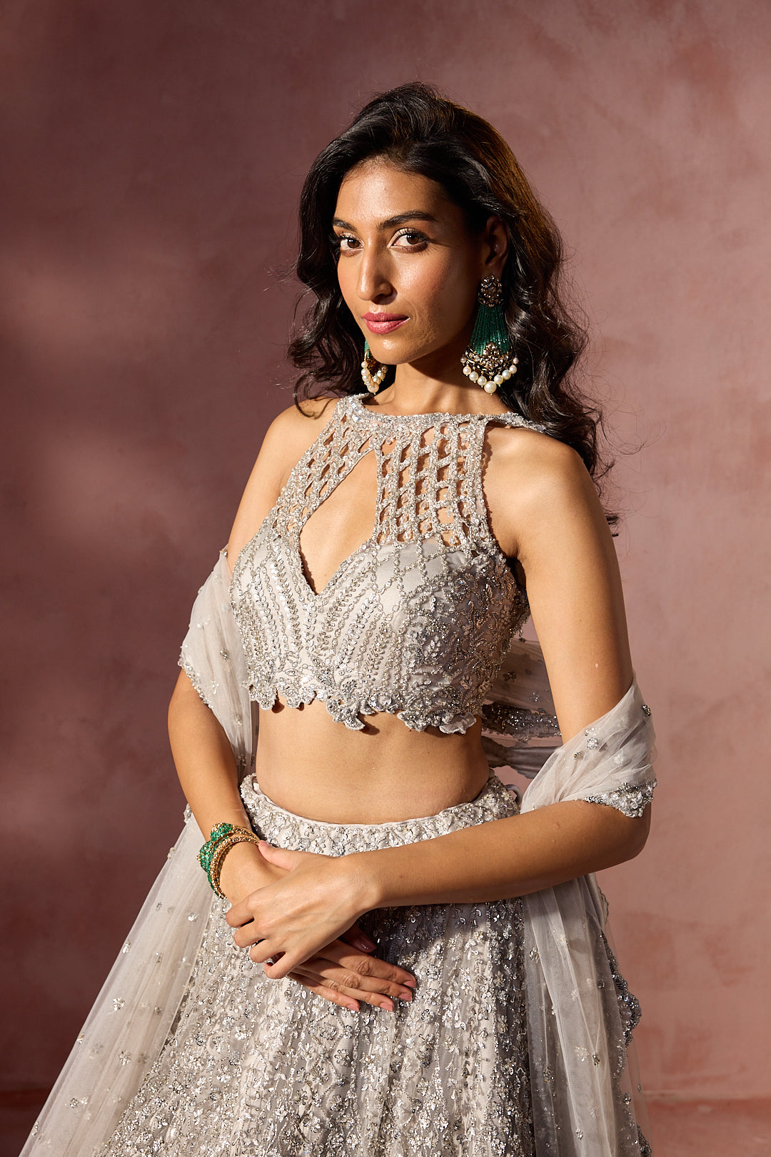 SILVER GREY NET LEHENGA SET