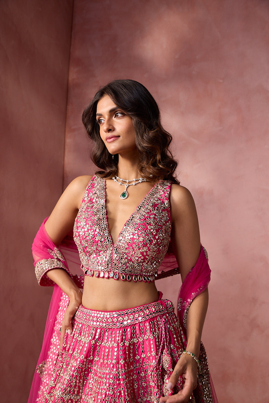 FUCHSIA PINK TAFFETA LEHENGA SET