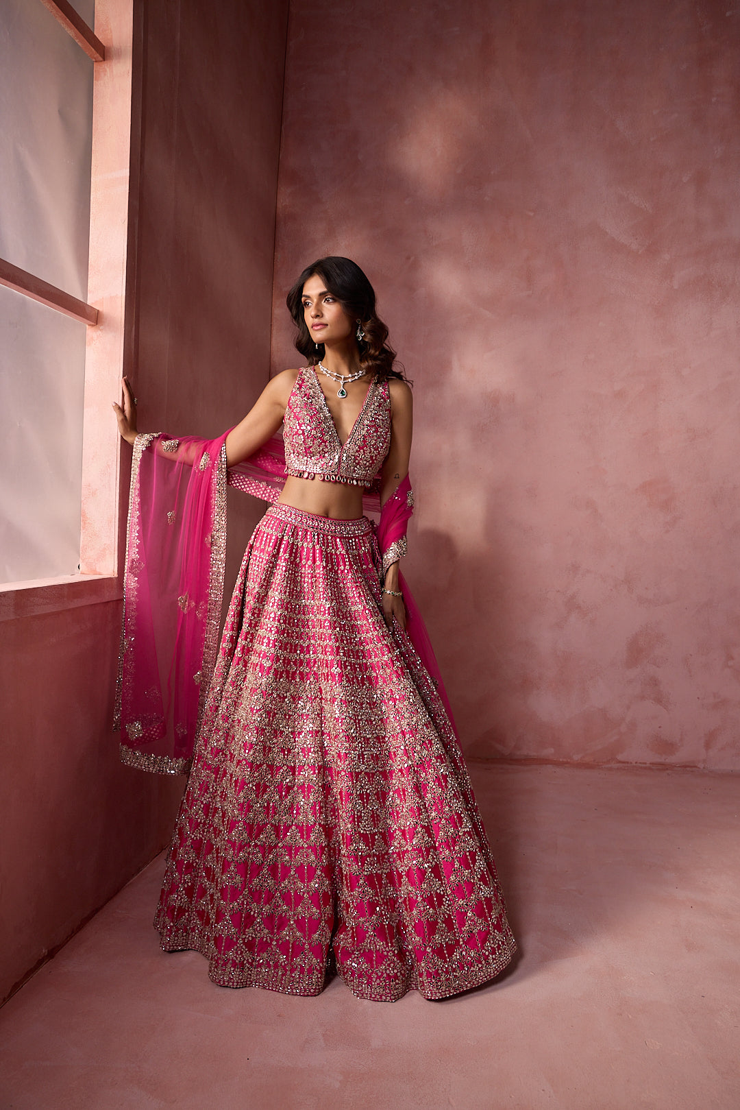 FUCHSIA PINK TAFFETA LEHENGA SET