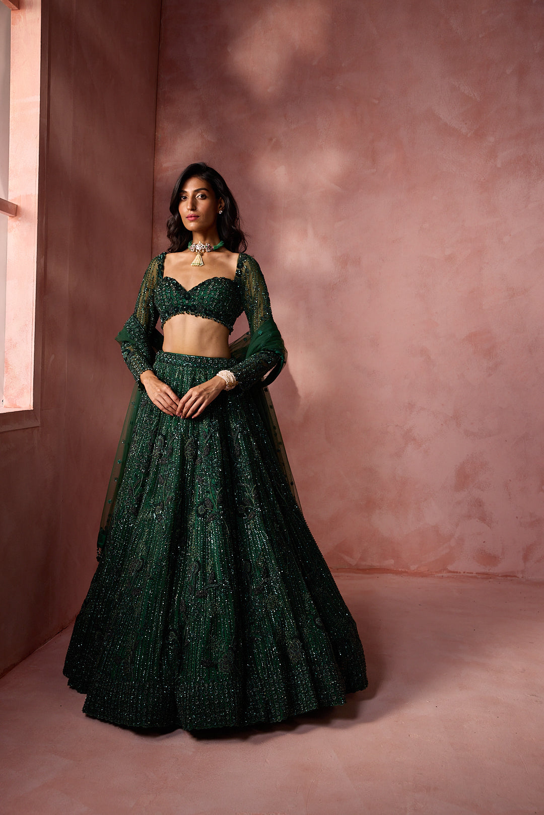 BOTTLE GREEN NET LEHENGA SET