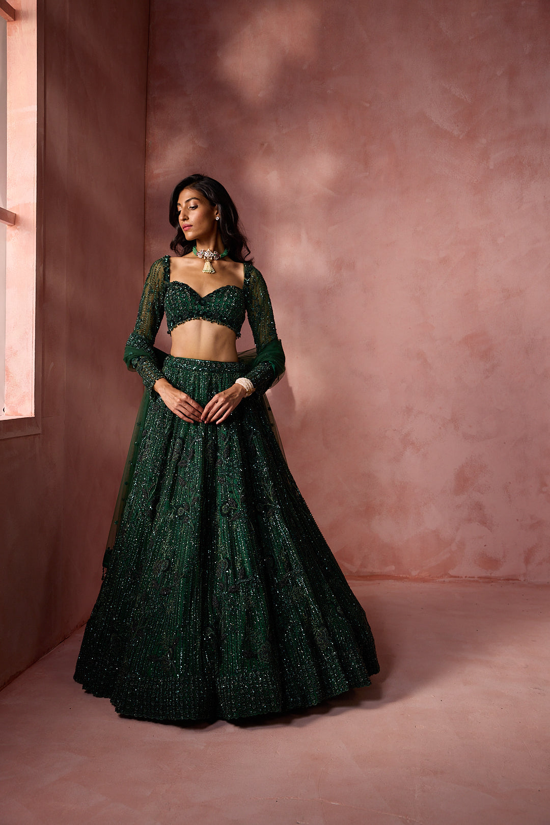BOTTLE GREEN NET LEHENGA SET