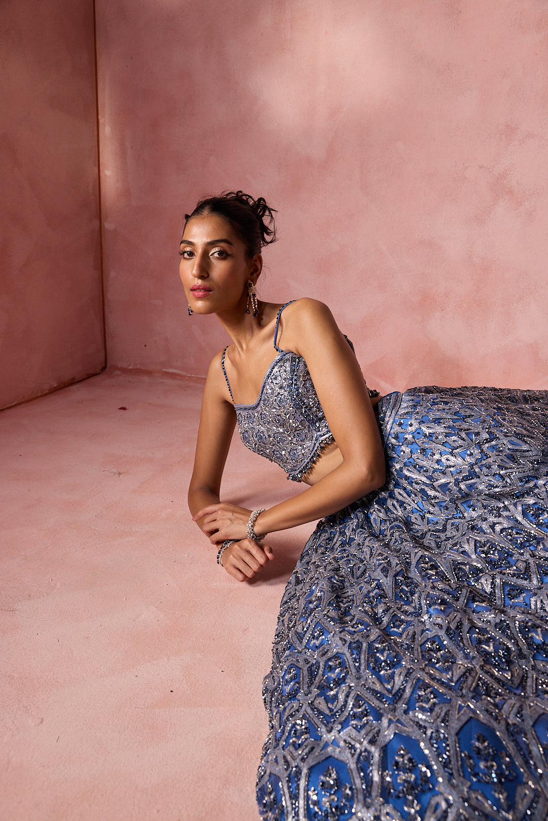 PETROL BLUE NET LEHENGA SET