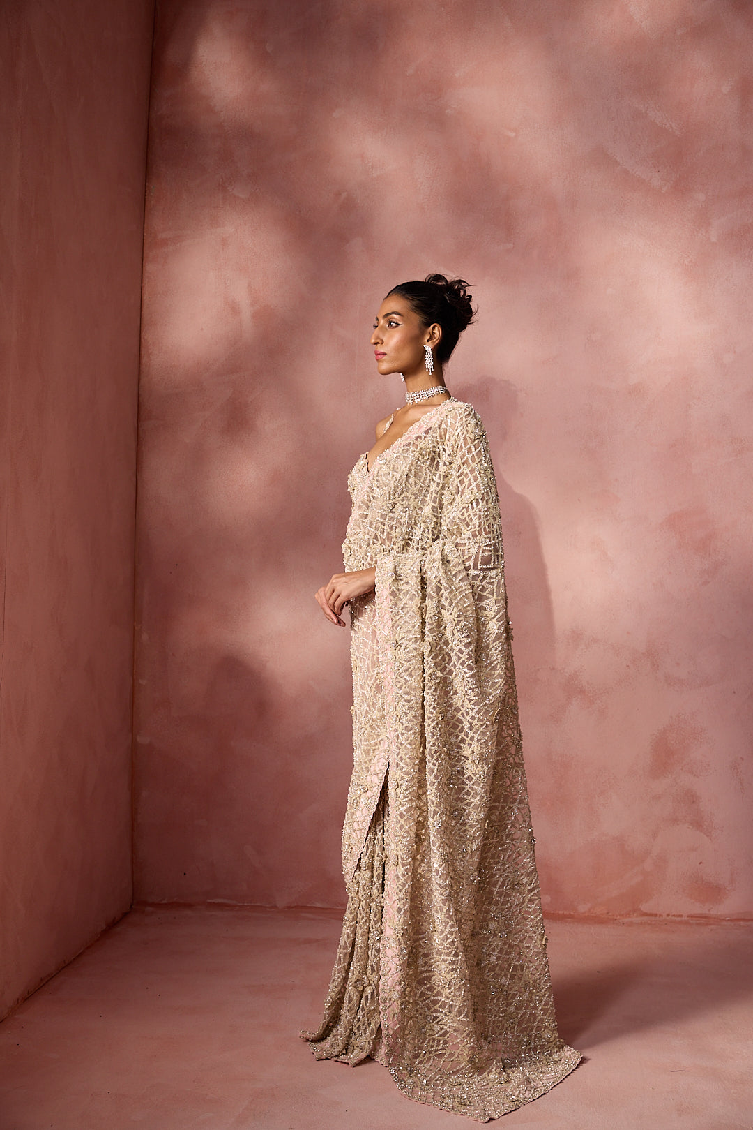 BLUSH PINK NET SAREE SET