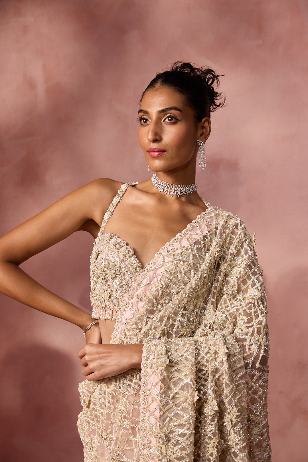 BLUSH PINK NET SAREE SET