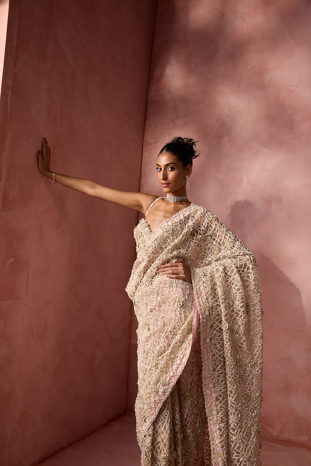 BLUSH PINK NET SAREE SET
