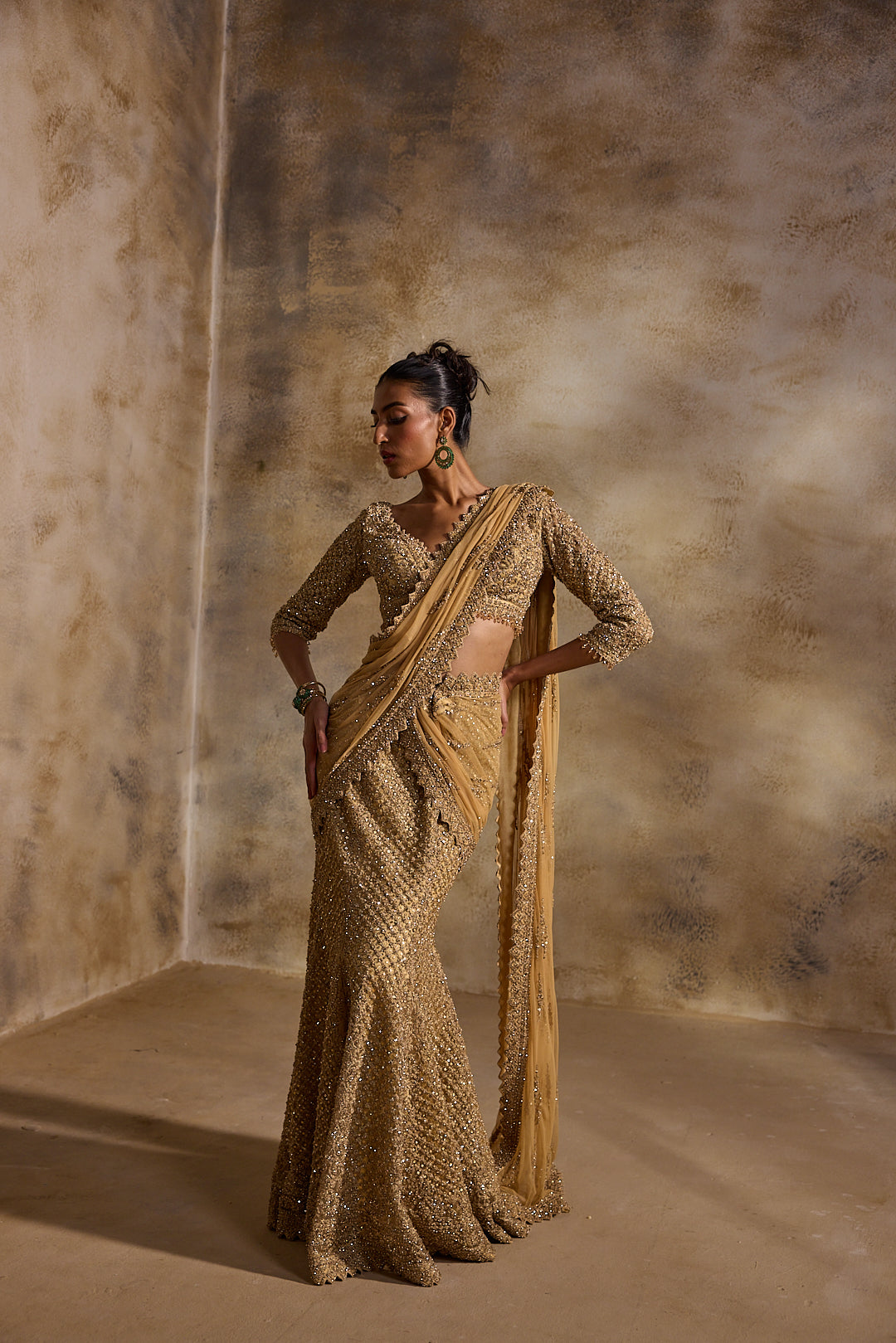 GOLD NET DRAPED LEHENGA SAREE