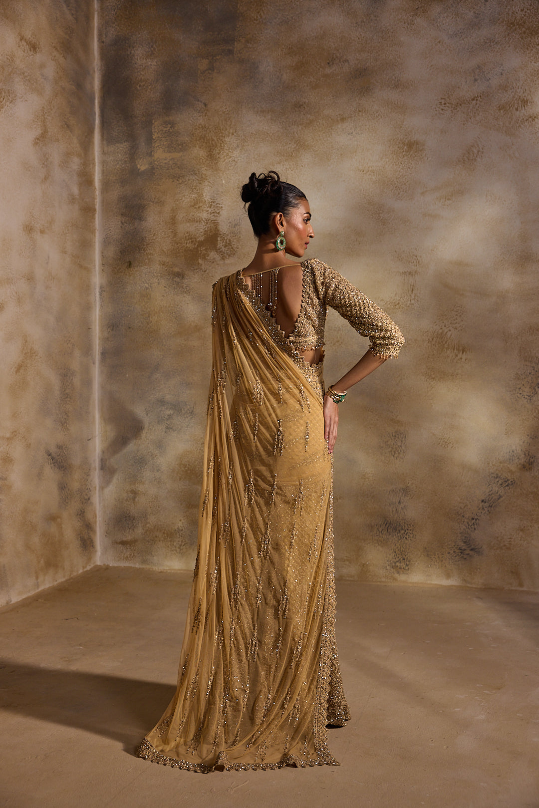 GOLD NET DRAPED LEHENGA SAREE
