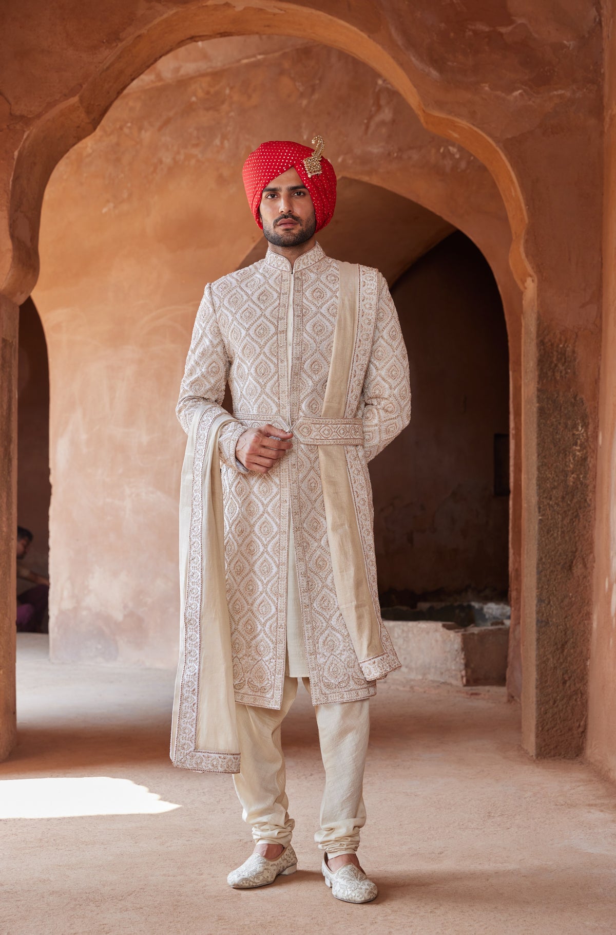 IVORY TAFETTA SHERWANI WITH MONGA SILK KURTA AND CHURIDAR