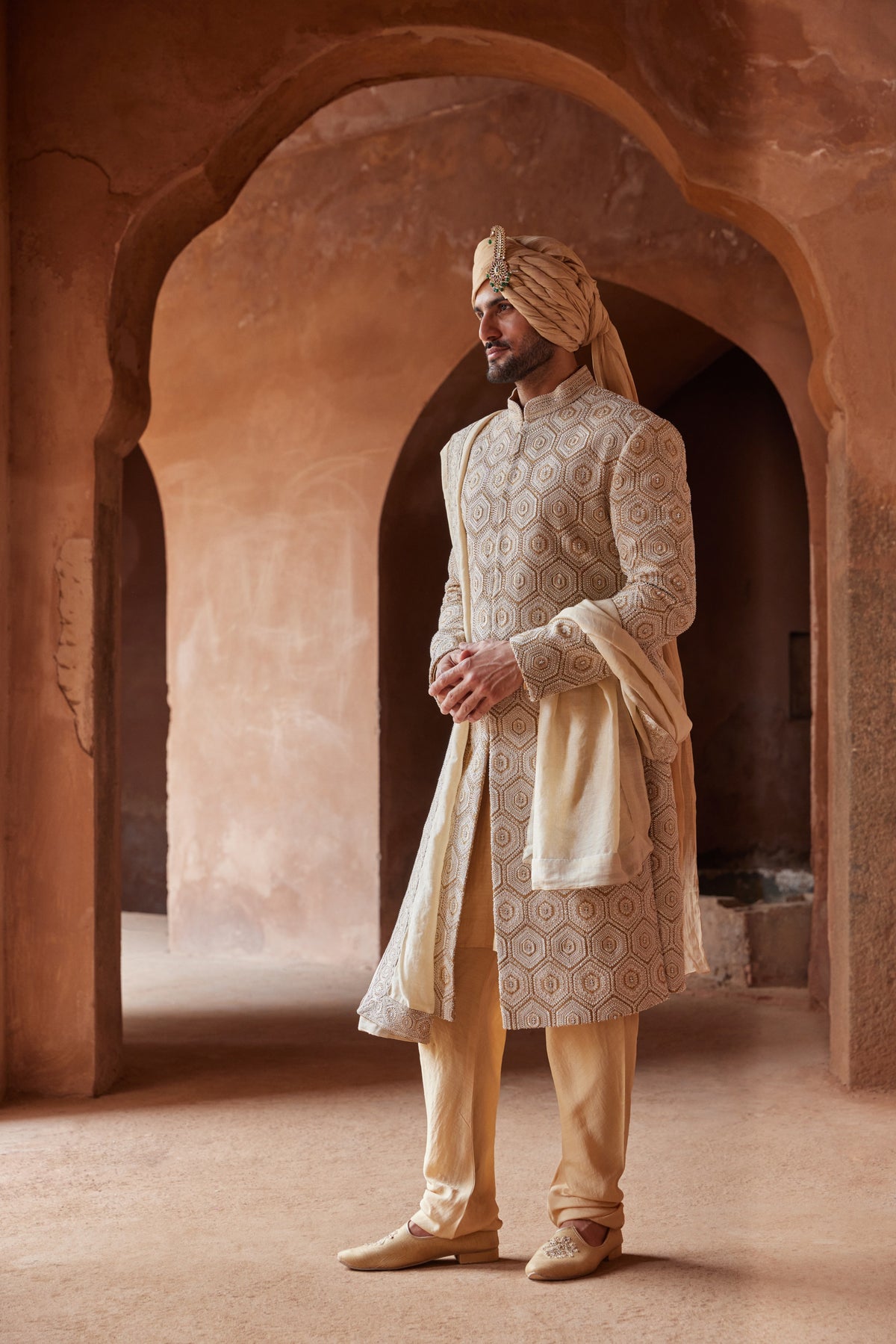 MUSTARD MATKA SILK EMBROIDERED SHERWANI WITH MONGA TUSSAR KURTA CHURIDAR