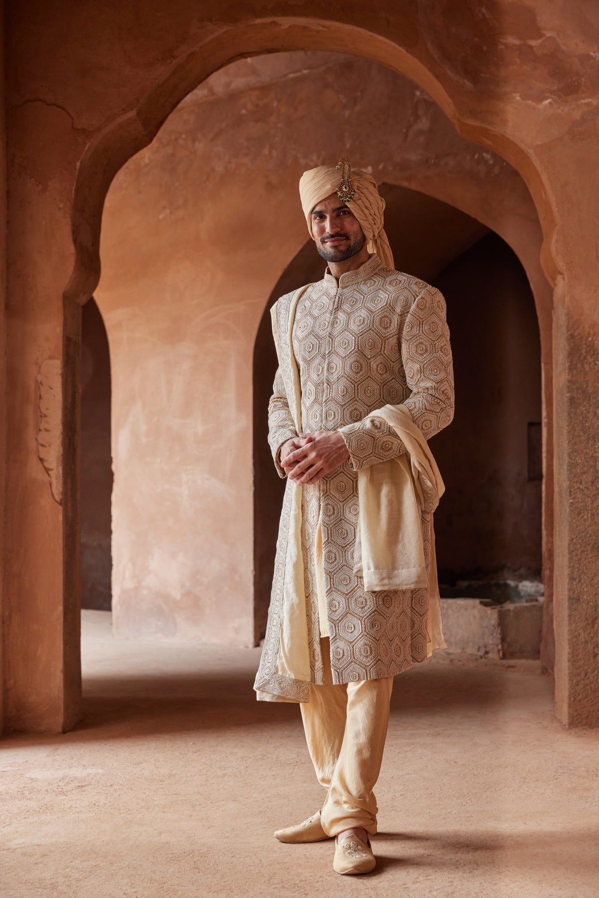 MUSTARD MATKA SILK EMBROIDERED SHERWANI WITH MONGA TUSSAR KURTA CHURIDAR
