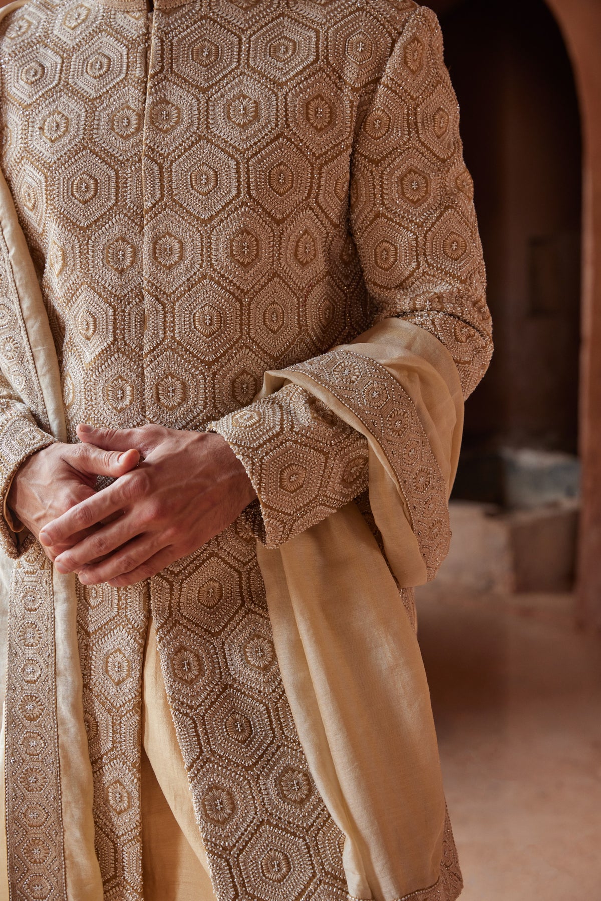 MUSTARD MATKA SILK EMBROIDERED SHERWANI WITH MONGA TUSSAR KURTA CHURIDAR